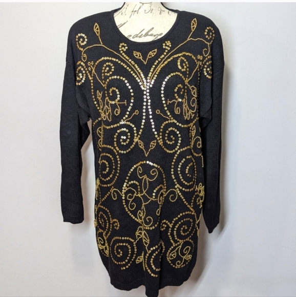 Womens Sweater Dress Black & Gold Beaded Spangles Size Small VTG 80s L'EAU VIVE - Picture 1 of 15